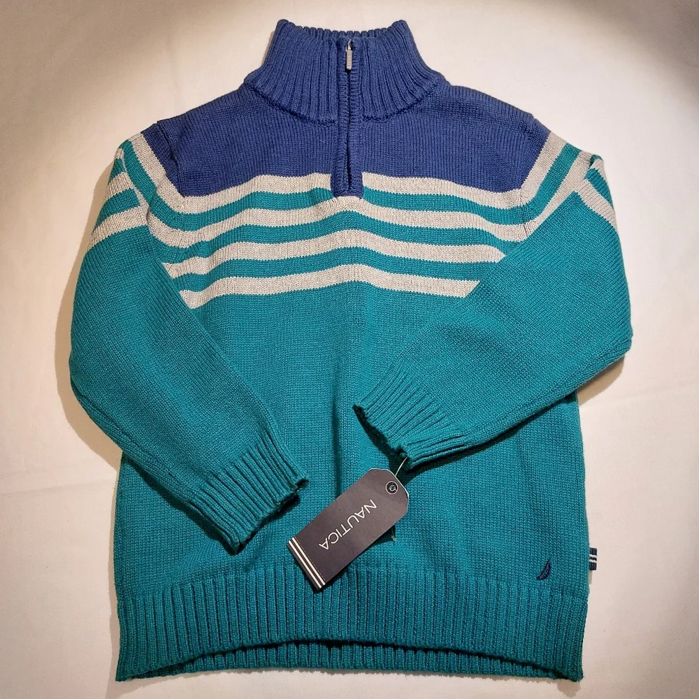 Nautica Half Zippered Pullover Cotton Sweater NEW Boys 4 Striped Gray Blue Green